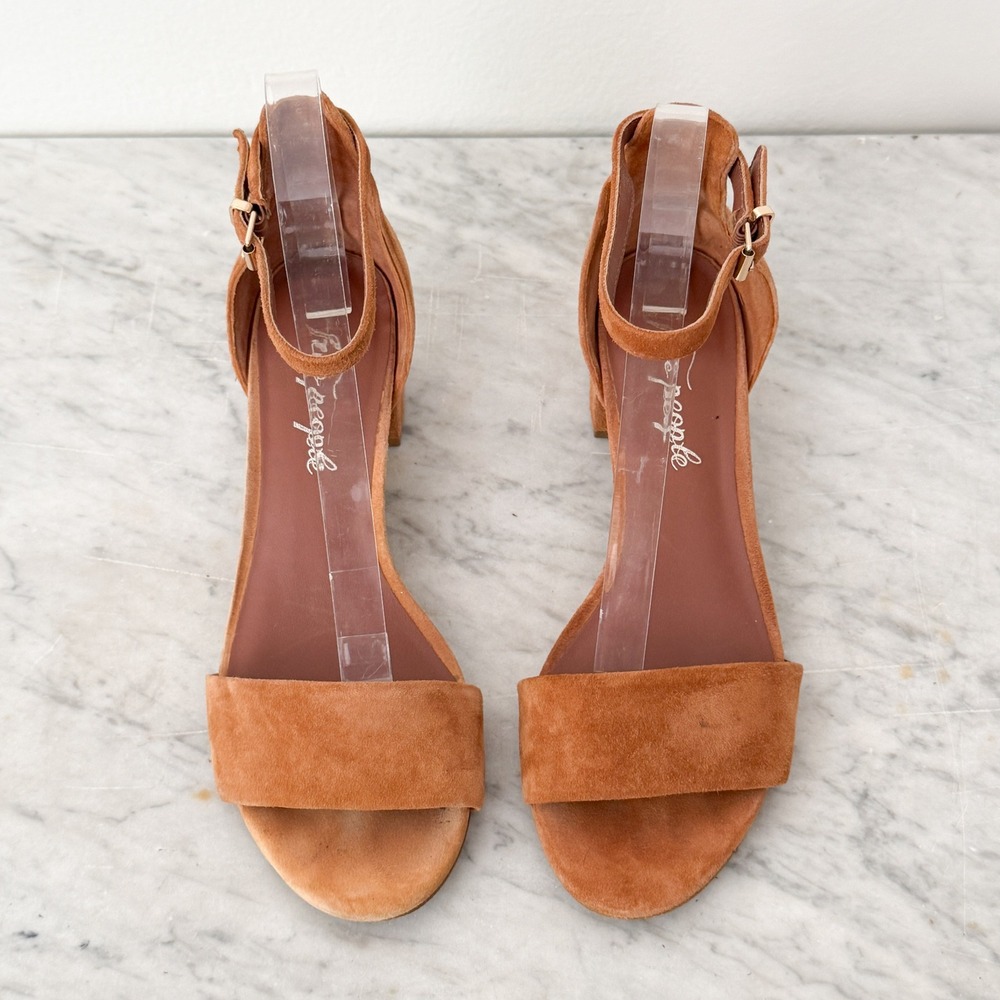 Boho Free People Marigold Suede Block Heel Sandals 38 Tan Ankle Strap Low Heel - Picture 3 of 6